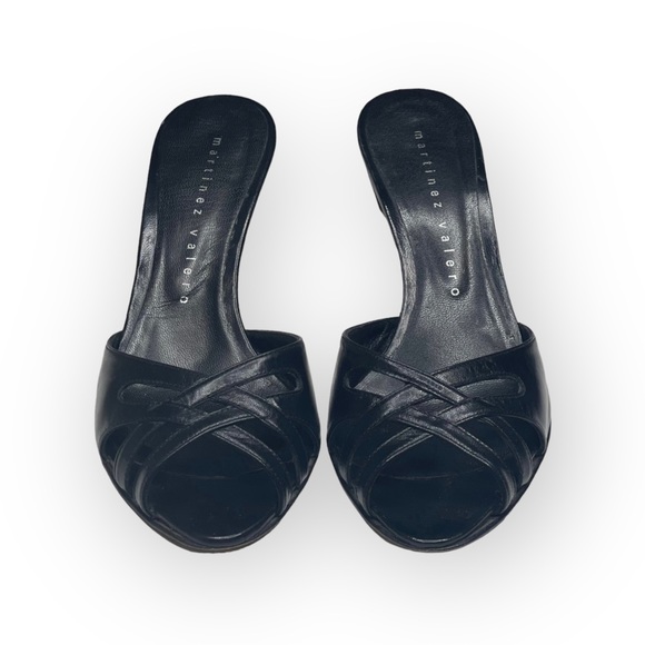 Martinez Valero Shoes - Martinez Valero ☻︎ Cut Out Heeled Mules Slides Sandal ☻︎ Black Leather ☻ 6.5M ☻︎